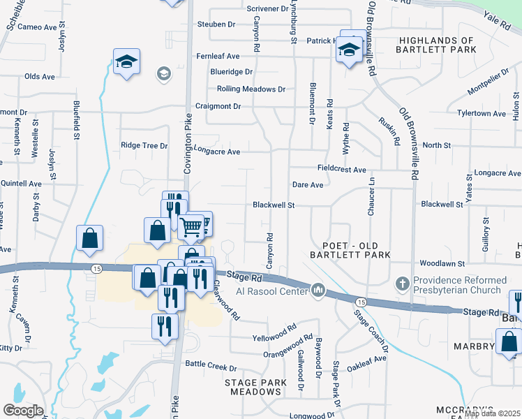 map of restaurants, bars, coffee shops, grocery stores, and more near 3074 Wood Thrush Drive in Memphis