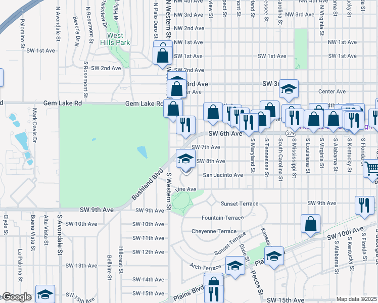 map of restaurants, bars, coffee shops, grocery stores, and more near 4100 Southwest 8th Avenue in Amarillo
