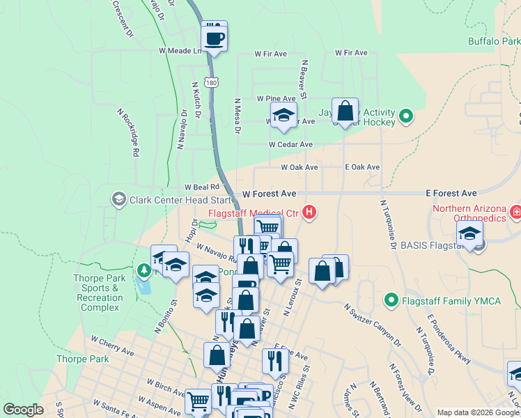 map of restaurants, bars, coffee shops, grocery stores, and more near 1300 North Rim Drive in Flagstaff