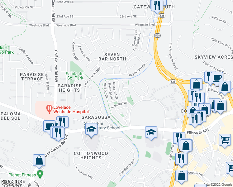 map of restaurants, bars, coffee shops, grocery stores, and more near 10632 Miera Drive Northwest in Albuquerque