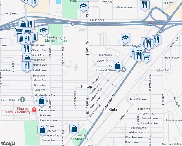 map of restaurants, bars, coffee shops, grocery stores, and more near 2518 Last Avenue in Kingman
