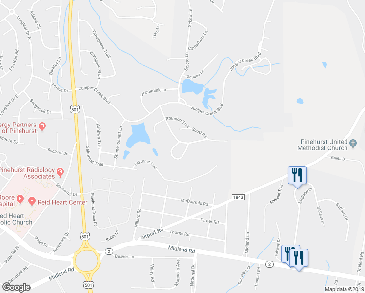 map of restaurants, bars, coffee shops, grocery stores, and more near 35 Barton Hills Court in Pinehurst