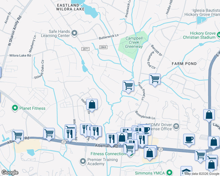 map of restaurants, bars, coffee shops, grocery stores, and more near 6546 Louglen Circle in Charlotte