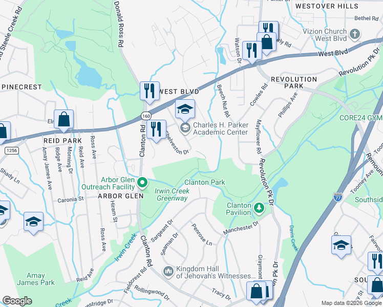 map of restaurants, bars, coffee shops, grocery stores, and more near 1401 Chelveston Drive in Charlotte