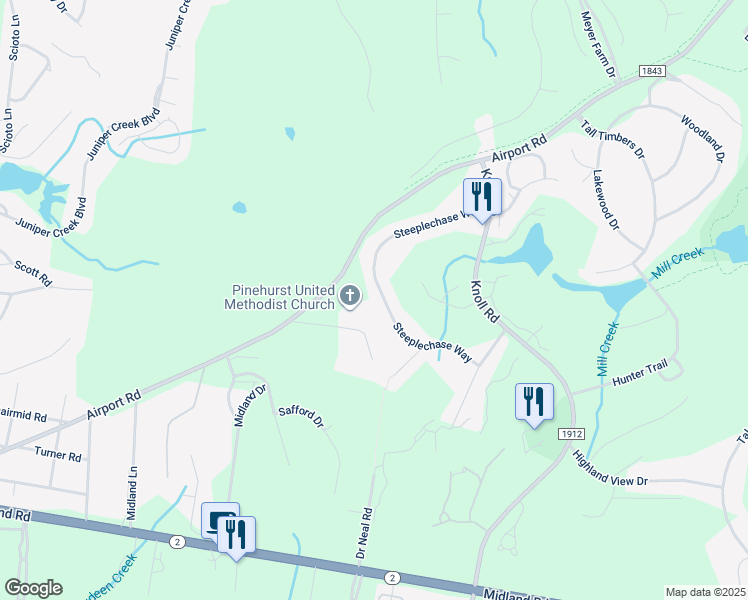 map of restaurants, bars, coffee shops, grocery stores, and more near 113 Steeplechase Way in Southern Pines
