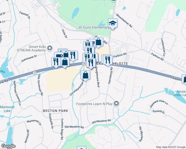 map of restaurants, bars, coffee shops, grocery stores, and more near in Charlotte