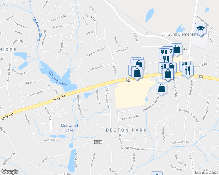 map of restaurants, bars, coffee shops, grocery stores, and more near 8716 Eli Whitney Court in Charlotte