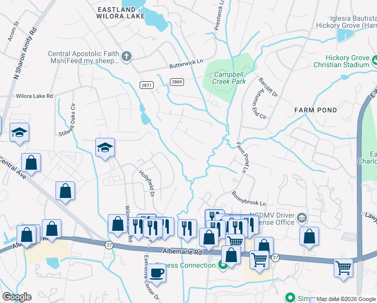 map of restaurants, bars, coffee shops, grocery stores, and more near 6546 Louglen Circle in Charlotte
