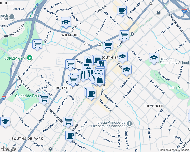 map of restaurants, bars, coffee shops, grocery stores, and more near 2127 Hawkins Street in Charlotte
