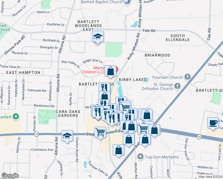 map of restaurants, bars, coffee shops, grocery stores, and more near 3090 Kirby Whitten Road in Memphis