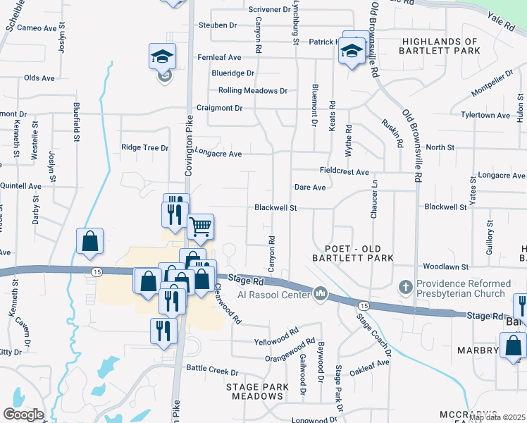 map of restaurants, bars, coffee shops, grocery stores, and more near 3074 Wood Thrush Drive in Memphis