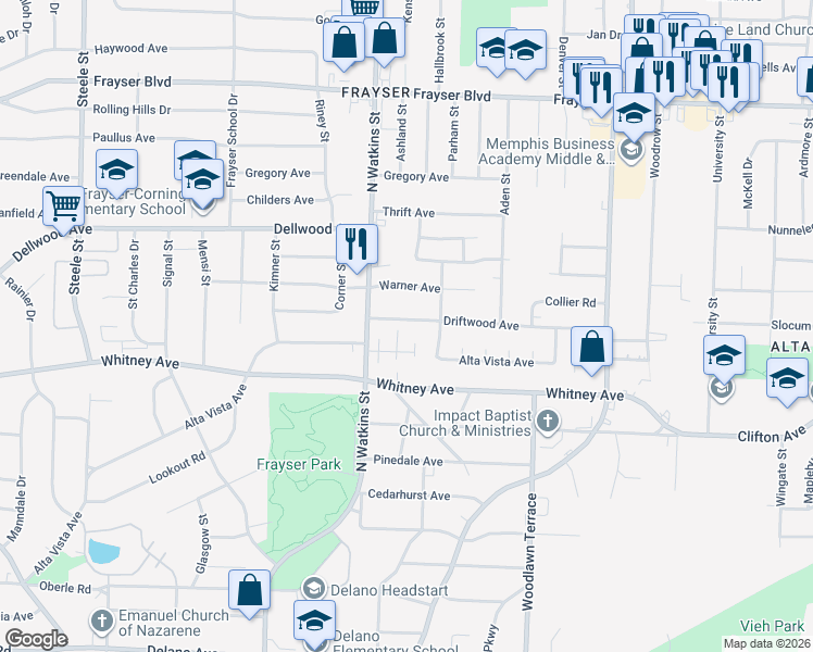 map of restaurants, bars, coffee shops, grocery stores, and more near 3072 Saint Clair Place in Memphis