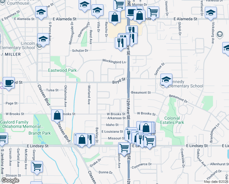map of restaurants, bars, coffee shops, grocery stores, and more near 1429 Jami Drive in Norman