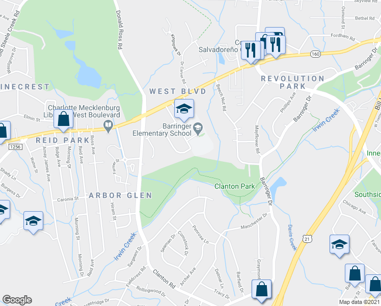 map of restaurants, bars, coffee shops, grocery stores, and more near 1401 Chelveston Drive in Charlotte
