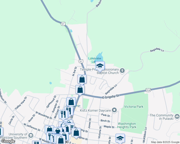 map of restaurants, bars, coffee shops, grocery stores, and more near 208 Mitchell Street in Pulaski