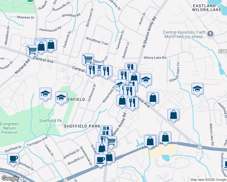 map of restaurants, bars, coffee shops, grocery stores, and more near 3916 Winterfield Place in Charlotte