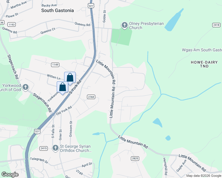map of restaurants, bars, coffee shops, grocery stores, and more near 3915 Little Mountain Road in Gastonia