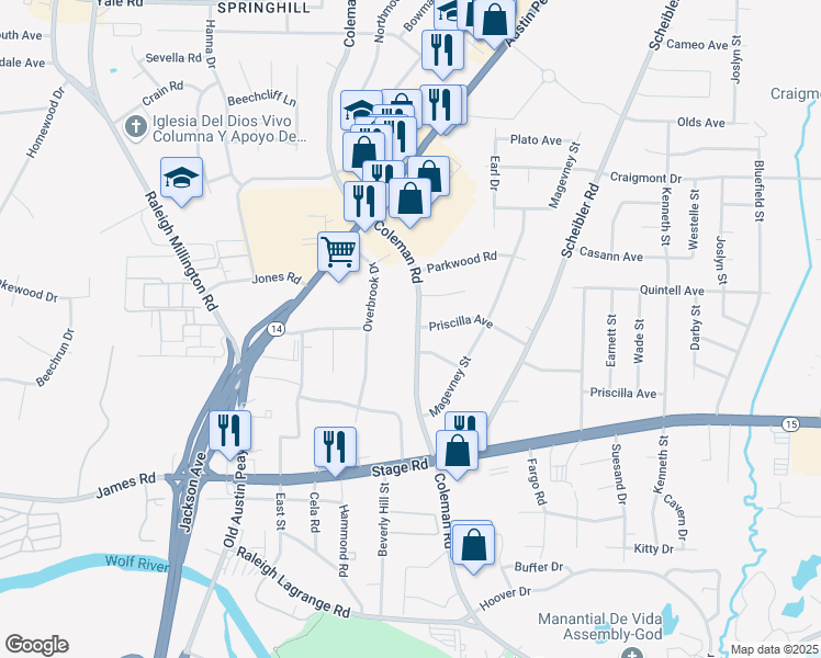 map of restaurants, bars, coffee shops, grocery stores, and more near 3097 Coleman Road in Memphis