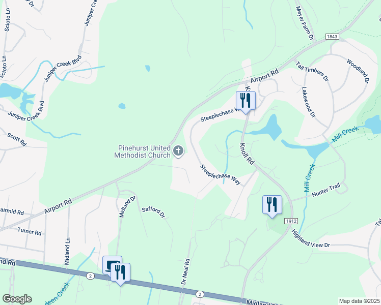 map of restaurants, bars, coffee shops, grocery stores, and more near 113 Steeplechase Way in Southern Pines