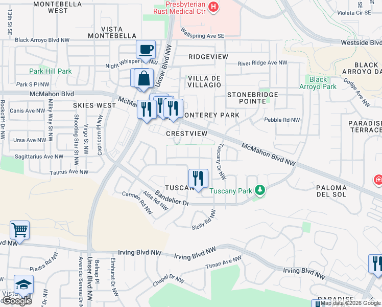map of restaurants, bars, coffee shops, grocery stores, and more near 10604 Sole Rosso Court Northwest in Albuquerque