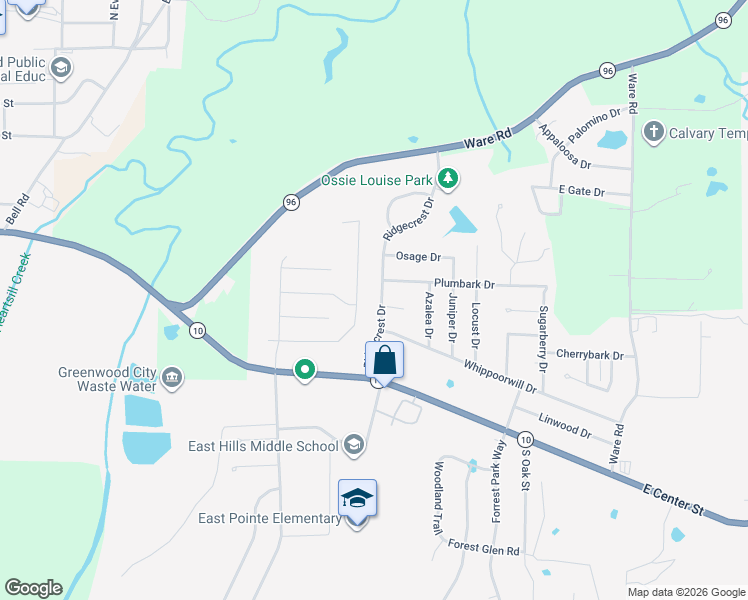 map of restaurants, bars, coffee shops, grocery stores, and more near 231 Ridgecrest Road in Greenwood