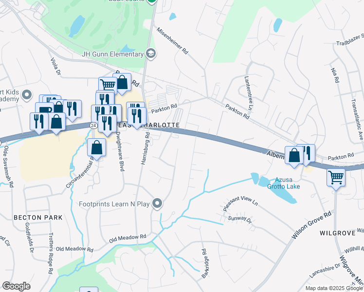 map of restaurants, bars, coffee shops, grocery stores, and more near 6730 Old Meadow Road in Charlotte