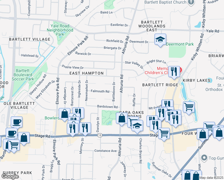 map of restaurants, bars, coffee shops, grocery stores, and more near 3068 Battleboro Drive in Memphis