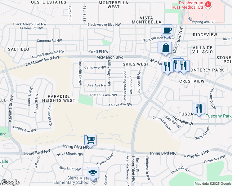 map of restaurants, bars, coffee shops, grocery stores, and more near 10516 Supernova Street Northwest in Albuquerque