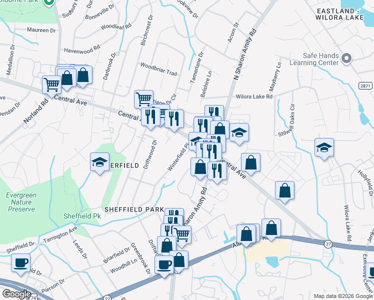map of restaurants, bars, coffee shops, grocery stores, and more near 3916 Winterfield Place in Charlotte