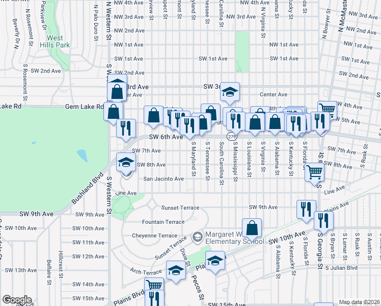 map of restaurants, bars, coffee shops, grocery stores, and more near 710 South Maryland Street in Amarillo