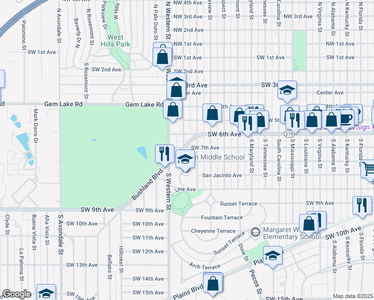 map of restaurants, bars, coffee shops, grocery stores, and more near 4100 Southwest 8th Avenue in Amarillo