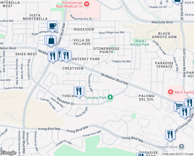 map of restaurants, bars, coffee shops, grocery stores, and more near 5204 Sole Grande Road Northwest in Albuquerque