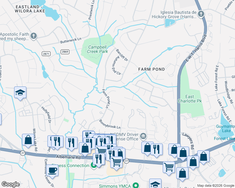 map of restaurants, bars, coffee shops, grocery stores, and more near 6215 Snowcrest Court in Charlotte