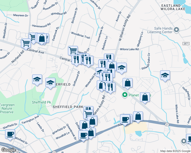 map of restaurants, bars, coffee shops, grocery stores, and more near 3916 Winterfield Place in Charlotte