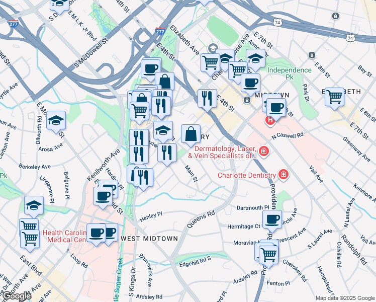 map of restaurants, bars, coffee shops, grocery stores, and more near in Charlotte