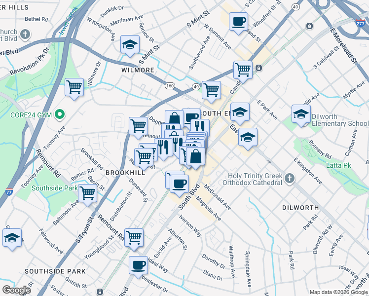 map of restaurants, bars, coffee shops, grocery stores, and more near 2127 Hawkins Street in Charlotte