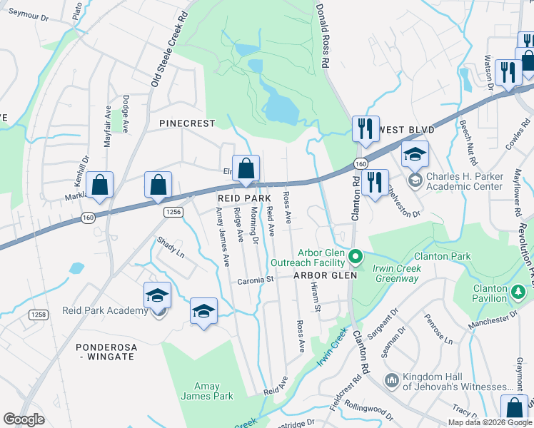map of restaurants, bars, coffee shops, grocery stores, and more near 2957 Reid Avenue in Charlotte