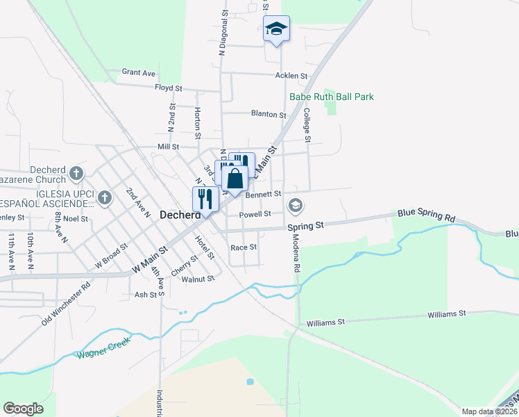 map of restaurants, bars, coffee shops, grocery stores, and more near 204 Powell Street in Decherd