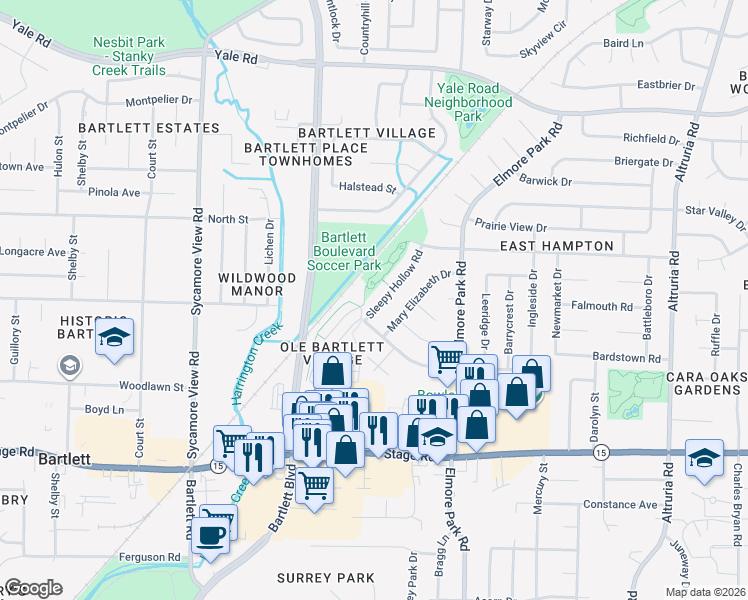 map of restaurants, bars, coffee shops, grocery stores, and more near 3076 Sleepy Hollow Road in Bartlett