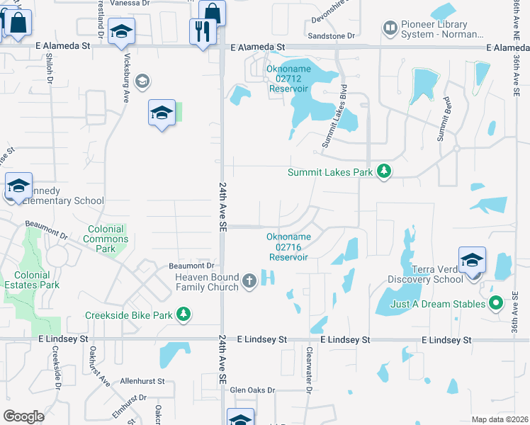 map of restaurants, bars, coffee shops, grocery stores, and more near 642 Welston Circle in Norman