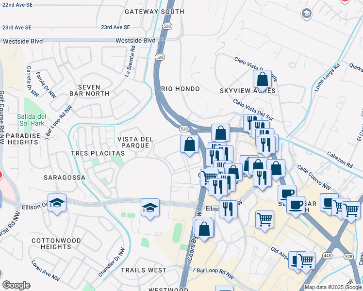 map of restaurants, bars, coffee shops, grocery stores, and more near 10600 Cibola Loop Northwest in Albuquerque