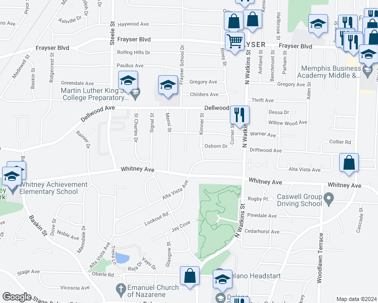 map of restaurants, bars, coffee shops, grocery stores, and more near 3094 Vista Grande Street in Memphis