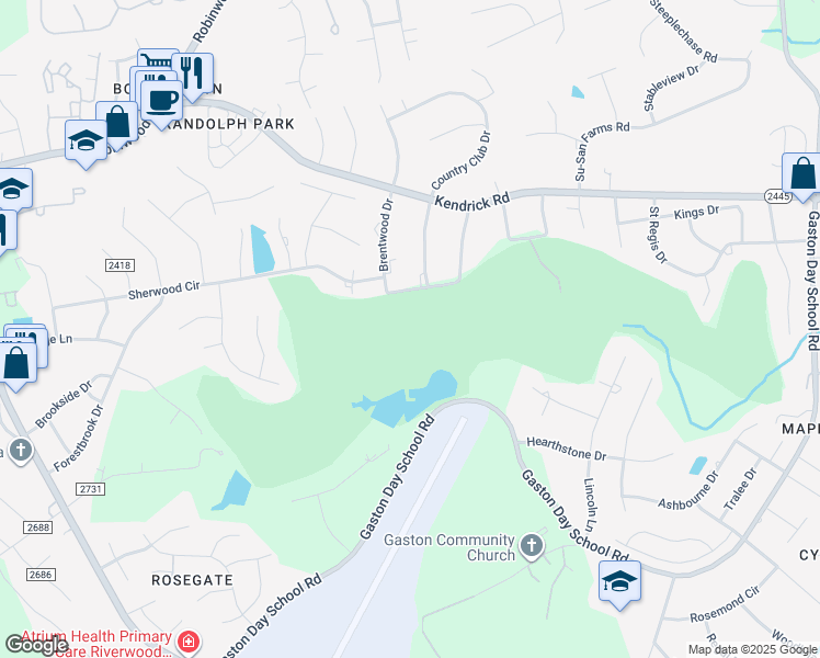 map of restaurants, bars, coffee shops, grocery stores, and more near 3700 Country Club Drive in Gastonia