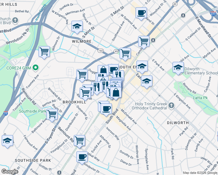 map of restaurants, bars, coffee shops, grocery stores, and more near 125 West Tremont Avenue in Charlotte