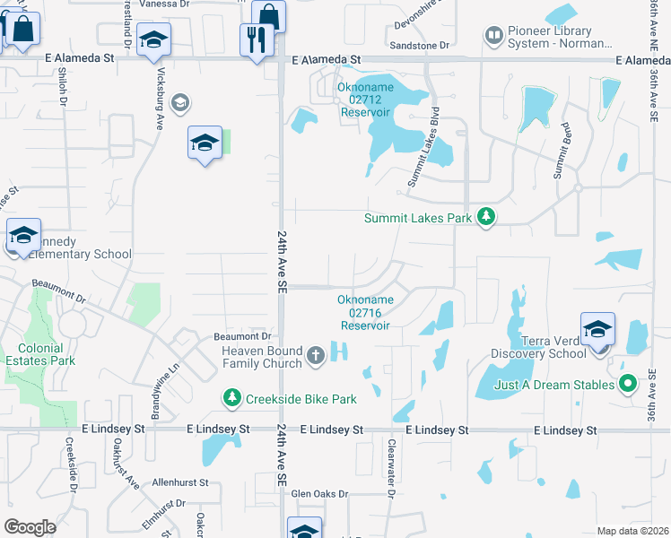 map of restaurants, bars, coffee shops, grocery stores, and more near 642 Welston Circle in Norman