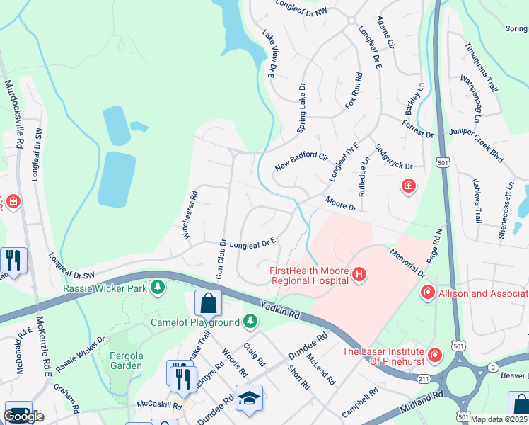 map of restaurants, bars, coffee shops, grocery stores, and more near 305 Wheeling Drive in Pinehurst
