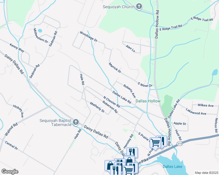 map of restaurants, bars, coffee shops, grocery stores, and more near 1551 Dallas Lake Road in Hamilton County