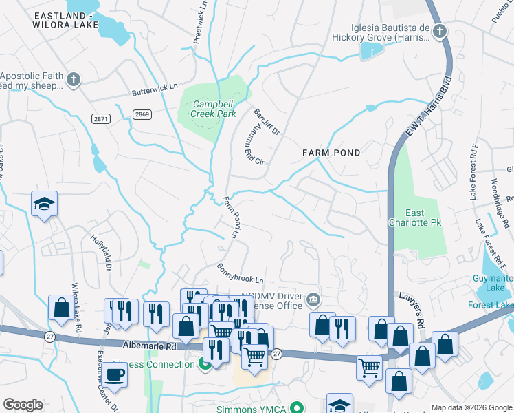 map of restaurants, bars, coffee shops, grocery stores, and more near 6215 Snowcrest Court in Charlotte