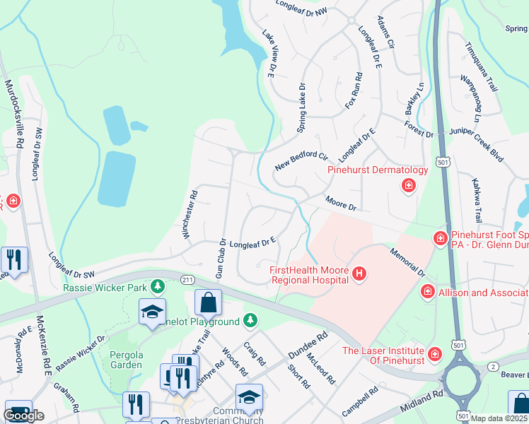 map of restaurants, bars, coffee shops, grocery stores, and more near 305 Wheeling Drive in Pinehurst