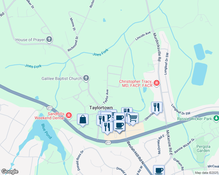 map of restaurants, bars, coffee shops, grocery stores, and more near 165 Taylor Avenue in Taylortown